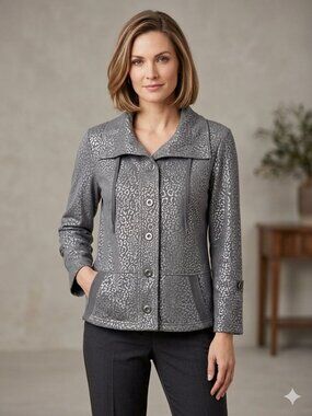 Ruby Rd Gray Leopard Print Button-Up P/MJacket With 3/4 Sleeves & Pockets